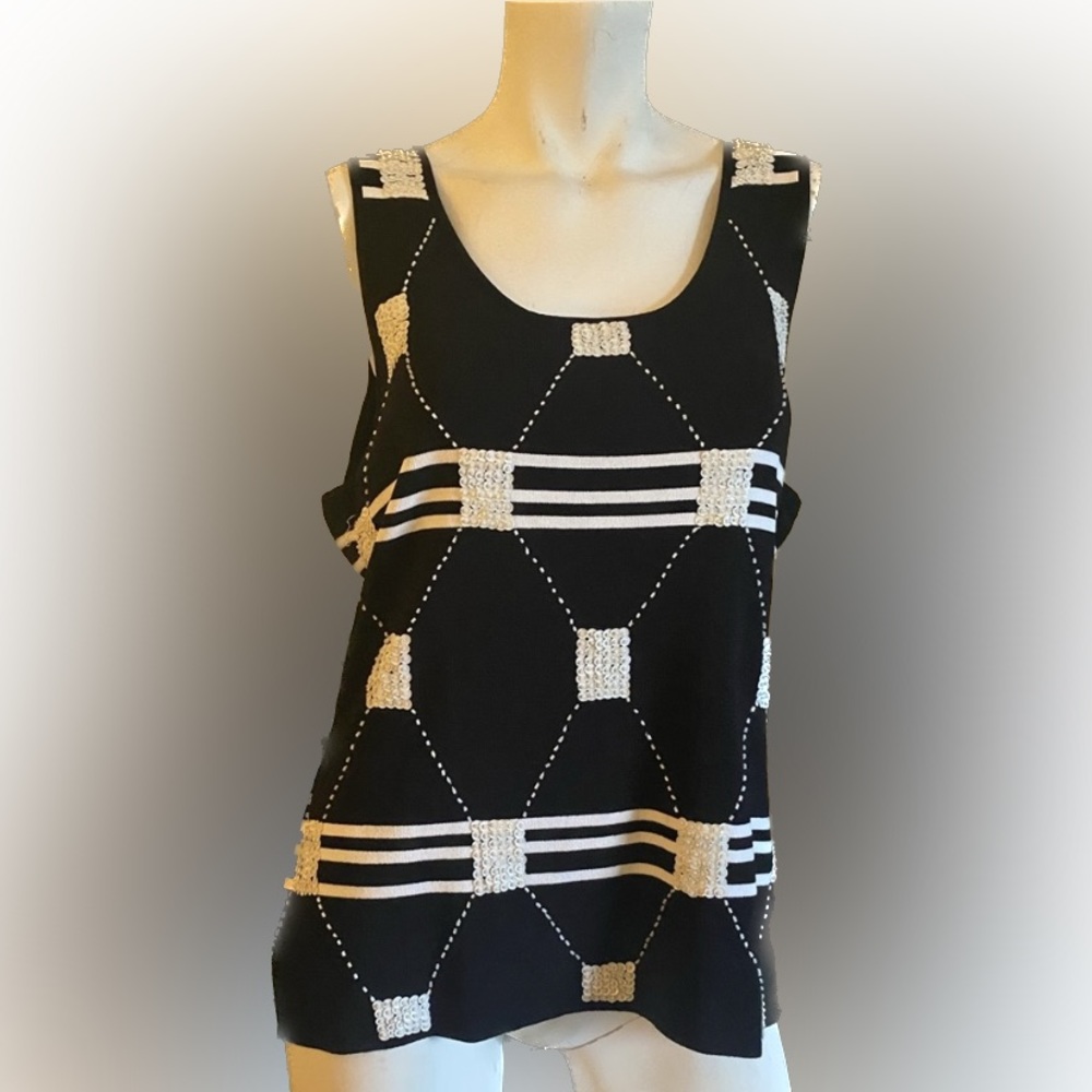 Ladies black with white sequins and beaded no sleeve blouse mod contempo - Picture 2 of 7